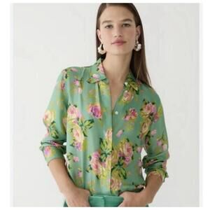 J CREW Cupro Button Front Shirt  Classic Fit Garden Rose Floral Satin Size 0